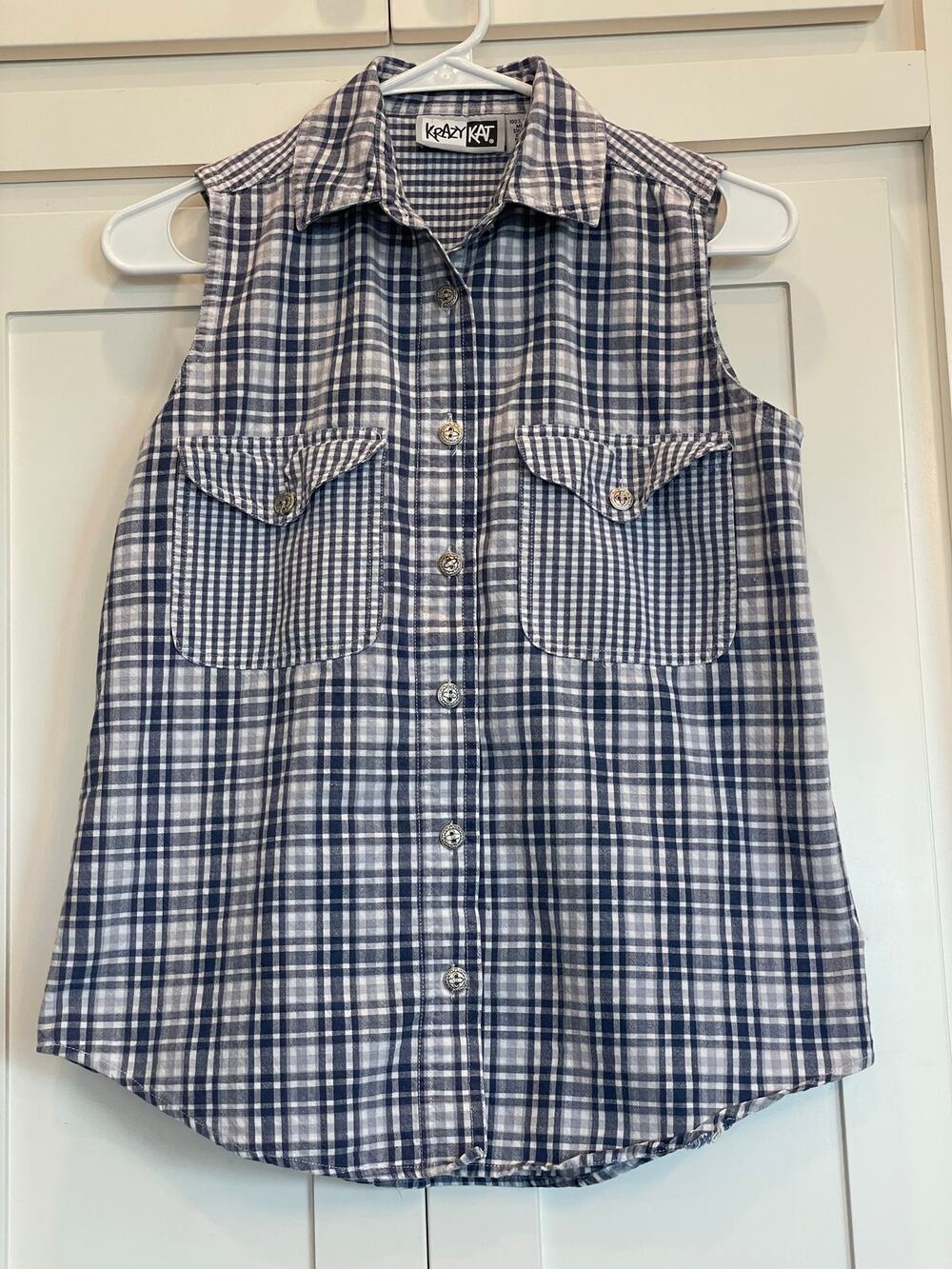 Krazy Kat blue plaid gingham camp shirt mixed media 100% Cotton SM